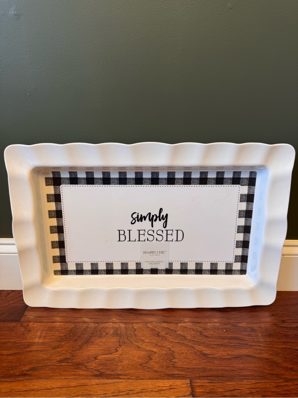 Shabby Chic Simply Blessed Ruffled Gingham Melamine Serving Tray 22” Farmhouse